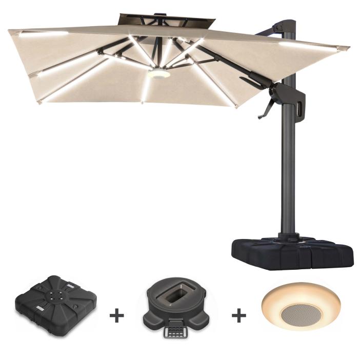 SUN PIETRO | Parasoll | Kvadratisk | B:D 300 x 300 cm | Taupe | LED | +Stativ, dreiesokkel og spilledåse
