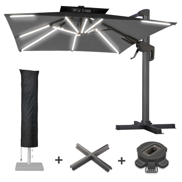 SUN PIETRO | Parasoll | Kvadratisk | B:D 300 x 300 cm | Svart | LED | +Stativ, dreibar sokkel og deksel