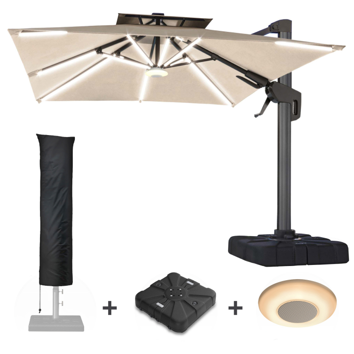 SUN PIETRO | Parasol | Carré | L: 300 x 300 cm | Taupe | LED | +Support, haut-parleur & Hülle