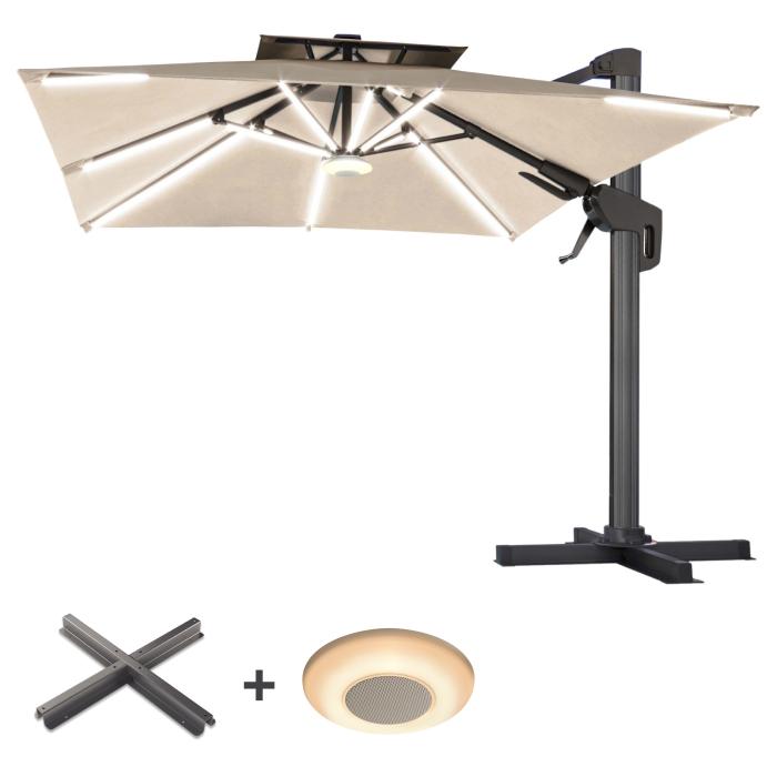 SUN PIETRO | Parasoll | Kvadratisk | B:D 300 x 300 cm | Taupe | LED | +Stativ og spilledåse