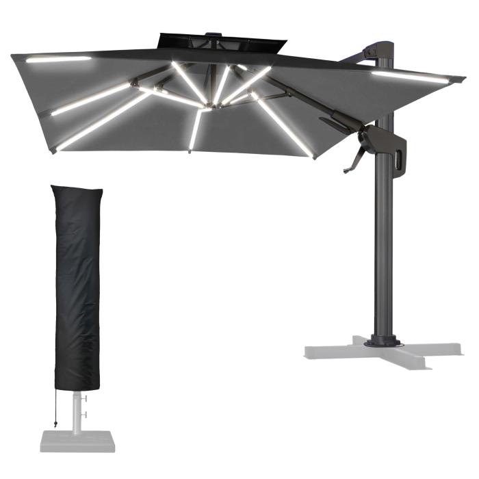 SUN PIETRO | Parasoll | Kvadratisk | B:D 300 x 300 cm | Svart | LED | +Deksel