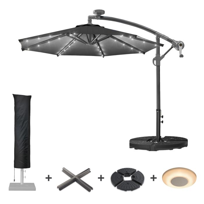 SUNSET | Parasoll | Runt | Ø 300 cm | Svart | LED | + stativ & skydd