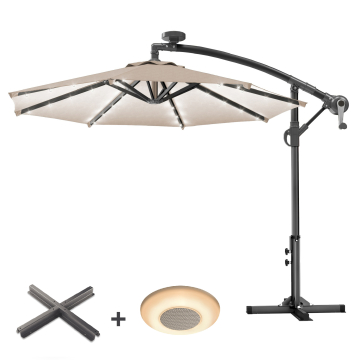 SUN LUCA | Parasol | Rund | Ø 300 cm | Taupe | LED | +Stativ & Musikboks