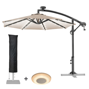 SUN LUCA | Parasoll | Rundt | Ø 300 cm | Taupe | LED | +Spilledåse og deksel