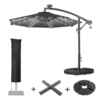 SUN LUCA | Sonnenschirm | Rund | Ø 300 cm | Schwarz | LED | +Ständer & Hülle