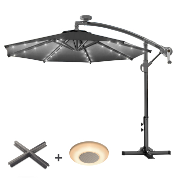 SUN LUCA | Sonnenschirm | Rund | Ø 300 cm | Schwarz | LED | +Ständer & Musikbox