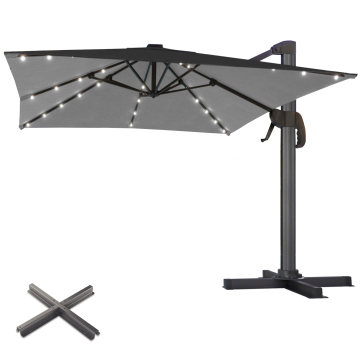 SUN LUIS | Parasol | Carré | L:P 300 x 300 cm | Noir | LED | +Supports