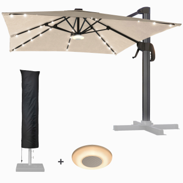 SUN LUIS | Parasol | Carré | L:P 300 x 300 cm | Taupe | LED | +Boîte à musique & Housse