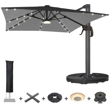 SUN LUIS | Parasol | Quadratisch | B:T 300 x 300 cm | Sort | LED | +Stativ, Drejelig base, Musikboks & Parasolbetræk