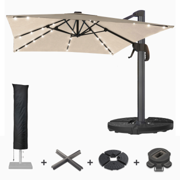 SUN LUIS | Parasol | Quadratisch | B:T 300 x 300 cm | Taupe | LED | +Stativ, Drejelig base & Parasolbetræk