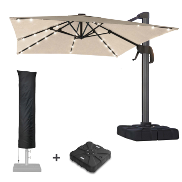 SUN LUIS | Parasol | Quadratisch | B:T 300 x 300 cm | Taupe | LED | +Stativ & Parasolbetræk