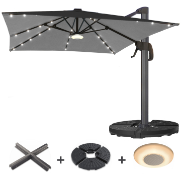 SUN LUIS | Parasol | Square | B:T 300 x 300 cm | Black | LED | +Stand & Music Box