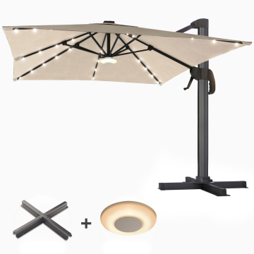 SUN LUIS | Parasol | Square | B:T 300 x 300 cm | Taupe | LED | +Stand & Music Box