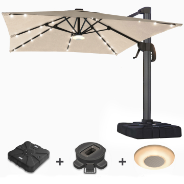 SUN LUIS | Parasoll | Kvadrat | B:D 300 x 300 cm | Taupe | LED | + Stativ, vridbar bas & speldosa