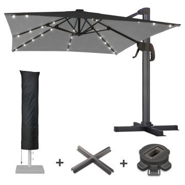 SUN LUIS | Parasoll | Kvadratisk | B:D 300 x 300 cm | Svart | LED | +Stativ, dreibar sokkel og deksel