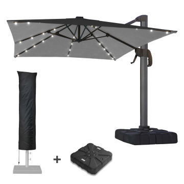 SUN LUIS | Parasoll | Kvadratisk | B:D 300 x 300 cm | Svart | LED | +Stativ og svingbar fot