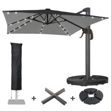 SUN LUIS | Parasoll | Kvadratisk | B:D 300 x 300 cm | Svart | LED | +Stativ og svingbar fot