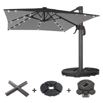 SUN LUIS | Parasoll | Kvadratisk | B:D 300 x 300 cm | Svart | LED | +Stativ og svingbar fot