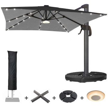 SUN LUIS | Sombrilla | Cuadrada | B:T 300 x 300 cm | Negro | LED | +Soporte, caja de música & tapa