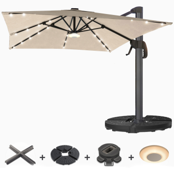SUN LUIS | Sombrilla | Cuadrada | B:T 300 x 300 cm | Taupe | LED | +Soporte, base giratoria & caja de música