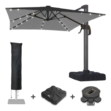 SUN LUIS | Sonnenschirm | Quadratisch | B:T 300 x 300 cm | Schwarz | LED | +Ständer, Schwenkfuß & Hülle