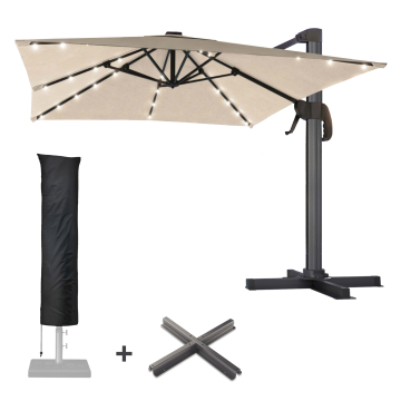 SUN LUIS | Sonnenschirm | Quadratisch | B:T 300 x 300 cm | Taupe | LED | +Ständer & Hülle