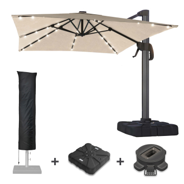 SUN LUIS | Sonnenschirm | Quadratisch | B:T 300 x 300 cm | Taupe | LED | +Ständer, Schwenkfuß & Hülle