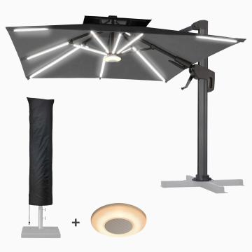 SUN PIETRO | Ombrellone | Quadrato | B:T 300 x 300 cm | Nero | LED | +carillon & copertura protettiva