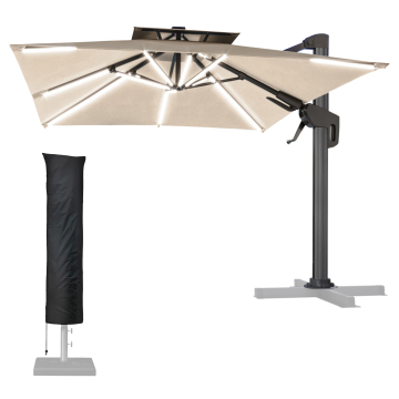 SUN PIETRO | Ombrellone | Quadrato | B:T 300 x 300 cm | Taupe | LED | +copertura protettiva