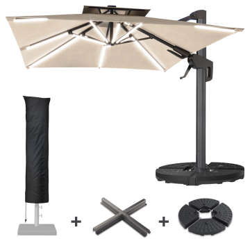 SUN PIETRO | Ombrellone | Quadrato | B:T 300 x 300 cm | Taupe | LED | +Supporto & copertura protettiva