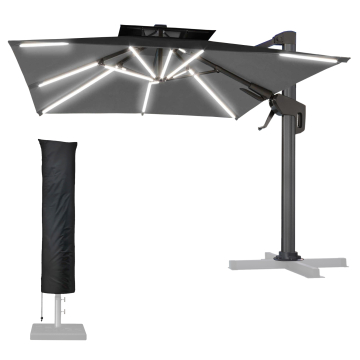 SUN PIETRO | Parasol | Carré | L:P 300 x 300 cm | Noir | LED | +Housse