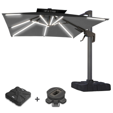 SUN PIETRO | Parasol | Carré | L:P 300 x 300 cm | Noir | LED | +Support & Pied pivotant