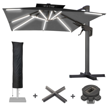 SUN PIETRO | Parasol | Carré | L:P 300 x 300 cm | Noir | LED | +Support, pied pivotant & Housse