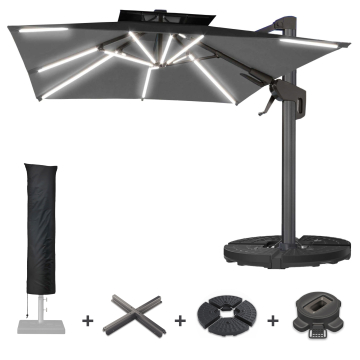 SUN PIETRO | Parasol | Carré | L:P 300 x 300 cm | Noir | LED | +Support, pied pivotant & Housse