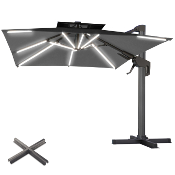 SUN PIETRO | Parasol | Carré | L:P 300 x 300 cm | Noir | LED | +Supports