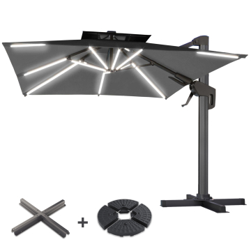 SUN PIETRO | Parasol | Carré | L:P 300 x 300 cm | Noir | LED | +Supports