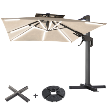 SUN PIETRO | Parasol | Carré | L:P 300 x 300 cm | Taupe | LED | +Supports