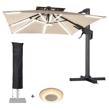 SUN PIETRO | Parasol | Square | B:T 300 x 300 cm | Taupe | LED | +Music Box & Cover