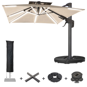 SUN PIETRO | Parasol | Vierkant | B:T 300 x 300 cm | Taupe | LED | +Stand, Draaivoet & Parasolhoes