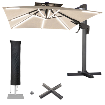 SUN PIETRO | Parasol | Vierkant | B:T 300 x 300 cm | Taupe | LED | +Stand & Parasolhoes