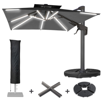 SUN PIETRO | Parasol | Vierkant | B:T 300 x 300 cm | Zwart | LED | +Stand & Parasolhoes