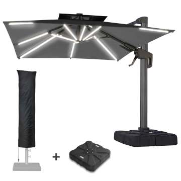 SUN PIETRO | Parasoll | Kvadratisk | B:D 300 x 300 cm | Svart | LED | +Stativ og svingbar fot
