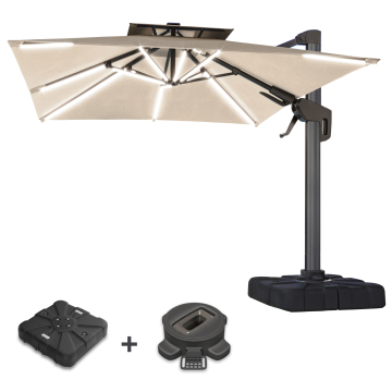 SUN PIETRO | Parasoll | Kvadratisk | B:D 300 x 300 cm | Taupe | LED | +Stativ og svingbar fot