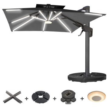 SUN PIETRO | Päivänvarjo | Quadratisch | B:T 300 x 300 cm | Schwarz | LED | +Ständer, Schwenkfuß & Musikbox