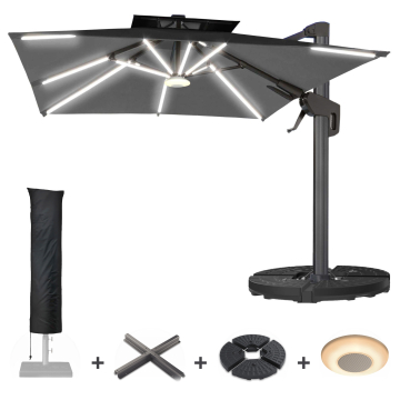 SUN PIETRO | Sombrilla | Cuadrada | B:T 300 x 300 cm | Negro | LED | +Soporte, caja de música & tapa