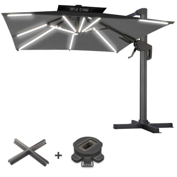 SUN PIETRO | Sonnenschirm | Quadratisch | B:T 300 x 300 cm | Schwarz | LED | +Ständer & Schwenkfuß