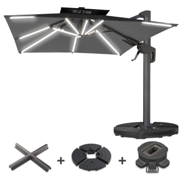SUN PIETRO | Sonnenschirm | Quadratisch | B:T 300 x 300 cm | Schwarz | LED | +Ständer & Schwenkfuß