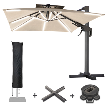 SUN PIETRO | Sonnenschirm | Quadratisch | B:T 300 x 300 cm | Taupe | LED | +Ständer, Schwenkfuß & Hülle