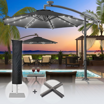 SUN LUCA | Parasol | Rund | Ø 300 cm | Zwart | LED | +Stand & Parasolhoes