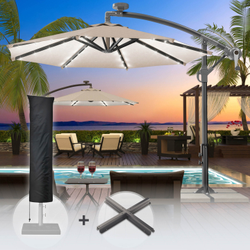 SUN LUCA | Parasol | Rund | Ø 300 cm | Taupe | LED | +Stand & Parasolhoes